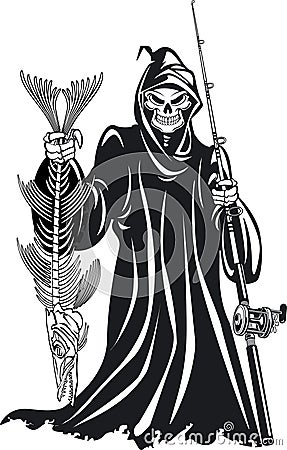 Grim reaper fisherman catching skeleton fish Vector Illustration