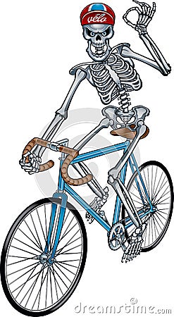 Human skeleton riding vintage racing bicycle Vector Illustration