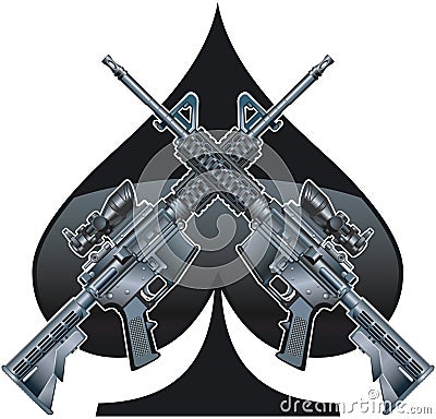 M16 assault rifles in front of ace of spades Vector Illustration