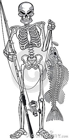 Skeleton fisherman catching skeleton fish Vector Illustration