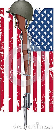 Symbol of a fallen soldier,military helmet on rifle with bayonet Vector Illustration