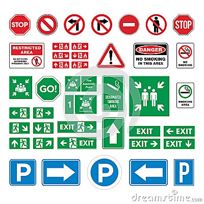 Set Street Sign, Evacuate Sign, Smoking Area / No Smoking Sign, Parking Sign, Stop, Fire Assembly Point Vector Template Vector Illustration