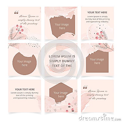 Editable social media post template with place for photo. Set of abstract pink pastel watercolor backgrounds with floral elements. Vector Illustration