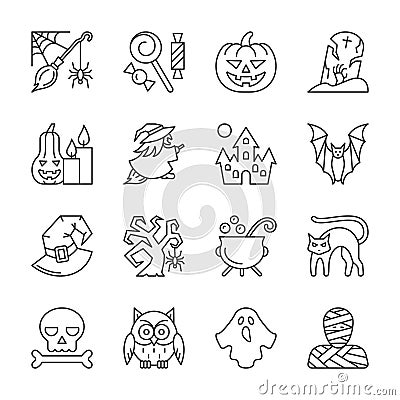 Editable stroke Halloween thin line icon set Vector Illustration