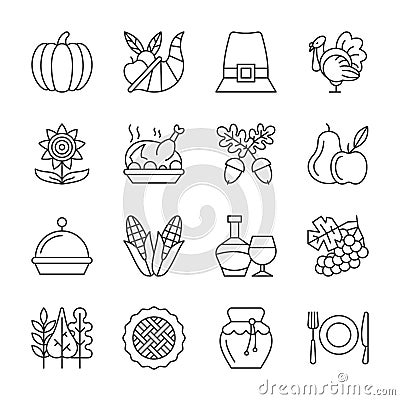 Editable stroke Thanksgiving day line icon set Vector Illustration