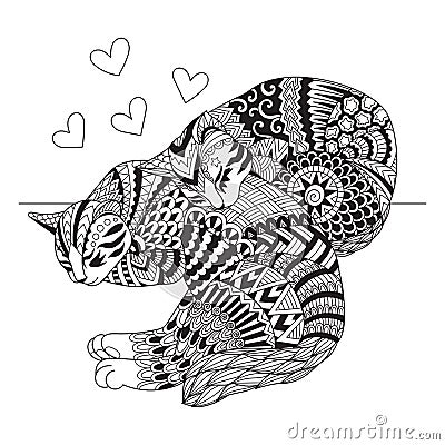 Editable stroke width lines. Cute two cats sleeping for cards, t shirt design, adult coloring book, coloring page and print on oth Vector Illustration