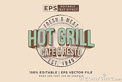 Editable text effect hot grill logo 3d vintage style premium vector Vector Illustration