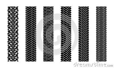 Editable tire tracks texture. Collection seamless tire pattern. Detailed tracks protector image. Set of tire imprints Vector Illustration