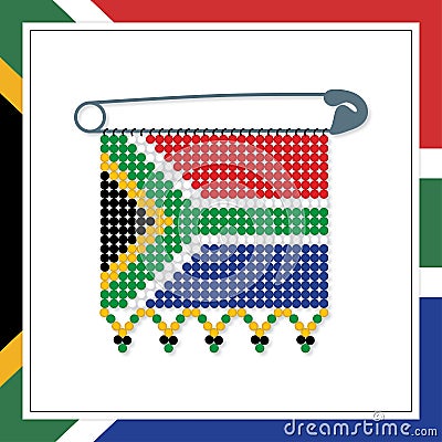 Framed South African flag with beaded ornamental emblem pin Vector Illustration