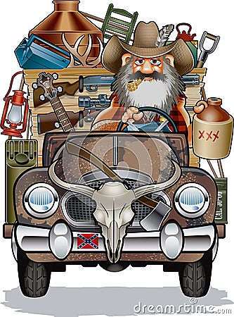 Cartoon of hillbilly driving rusty pick up truck Vector Illustration