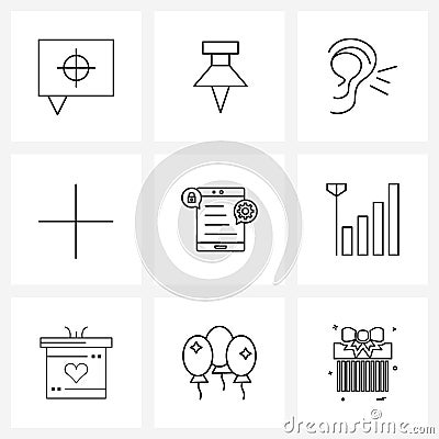 9 Editable Vector Line Icons and Modern Symbols of gear, setting, earing, tablet setting, attach Vector Illustration