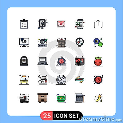 Editable Vector Line Pack of 25 Simple Filled line Flat Colors of computer, upload, weddind, up, mobile Vector Illustration