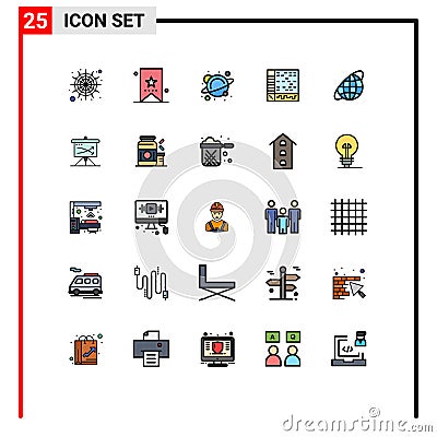 Editable Vector Line Pack of 25 Simple Filled line Flat Colors of globe, computer, physics, audio, ableton Vector Illustration