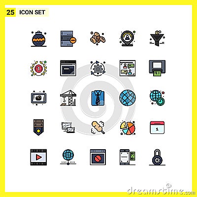 Editable Vector Line Pack of 25 Simple Filled line Flat Colors of person, map, database, location, holy Vector Illustration