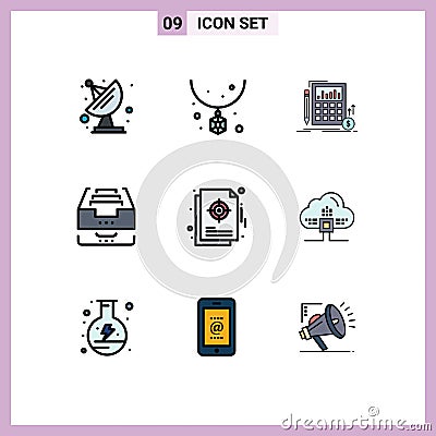 Editable Vector Line Pack of 9 Simple Filledline Flat Colors of chart, document, data, data, archive Vector Illustration