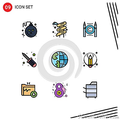 9 Universal Filledline Flat Colors Set for Web and Mobile Applications earth, contact, conflict, communication, screw driver Vector Illustration