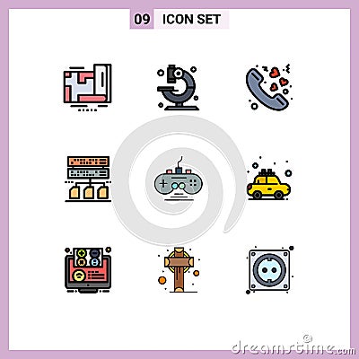 Editable Vector Line Pack of 9 Simple Filledline Flat Colors of game controller, controller, call, management, backup Vector Illustration