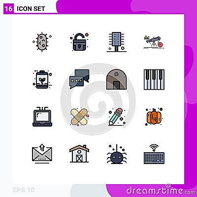 Editable Vector Line Pack of 16 Simple Flat Color Filled Lines of battery, market, comb, forecast, analytics Vector Illustration