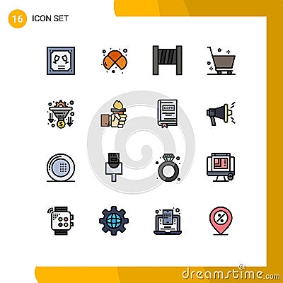 Editable Vector Line Pack of 16 Simple Flat Color Filled Lines of funnel, conversion, lab, shopping, delete Vector Illustration