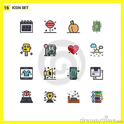 Editable Vector Line Pack of 16 Simple Flat Color Filled Lines of suit, smartphone, apricot, phone, synchronization Vector Illustration