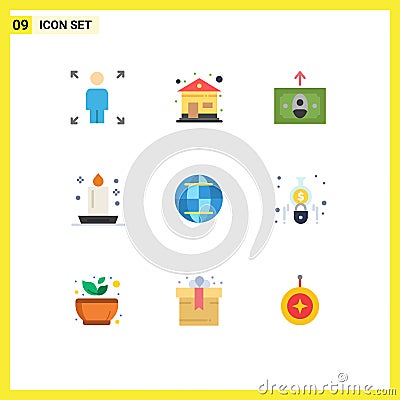 Editable Vector Line Pack of 9 Simple Flat Colors of accounting, internet, money, globe, light Vector Illustration