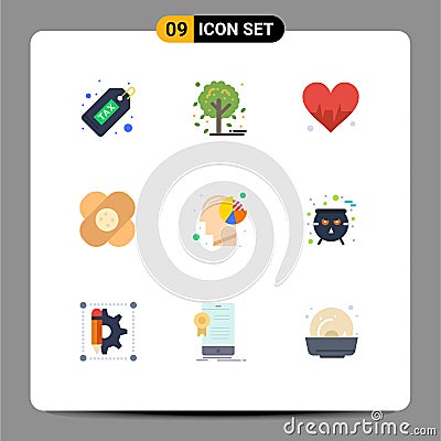 9 User Interface Flat Color Pack of modern Signs and Symbols of head, analysis, medical, wound, hospital Vector Illustration