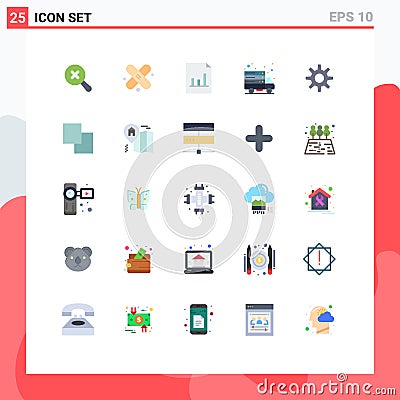 Editable Vector Line Pack of 25 Simple Flat Colors of layers, wheel, graph, setting, web server Vector Illustration