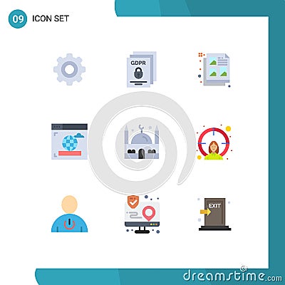 Set of 9 Vector Flat Colors on Grid for mosque, web, secure, internet, idea Vector Illustration