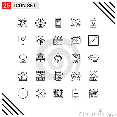 25 Thematic Vector Lines and Editable Symbols of oil, sewing, smart phone, hearts, broken Vector Illustration