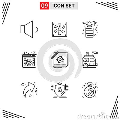 Outline Pack of 9 Universal Symbols of app, browser, horn, trophy, awards Vector Illustration