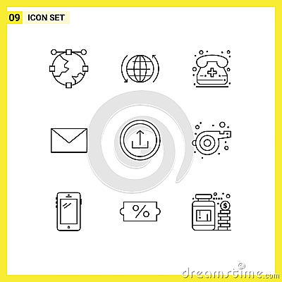 Editable Vector Line Pack of 9 Simple Outlines of basic, message, arrow, mail, phone Vector Illustration
