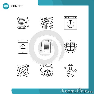 9 Thematic Vector Outlines and Editable Symbols of charge, smartphone, date, cloud, website Vector Illustration