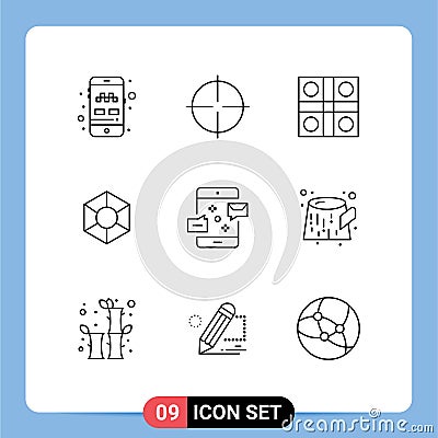Editable Vector Line Pack of 9 Simple Outlines of communication, crypto, game, coin, sports Vector Illustration