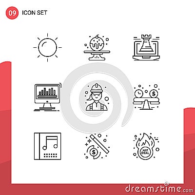 Editable Vector Line Pack of 9 Simple Outlines of construction, data, tower, dashboard, analytics Vector Illustration