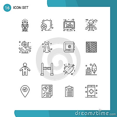 Pictogram Set of 16 Simple Outlines of health, play ground, grow, life, data Vector Illustration