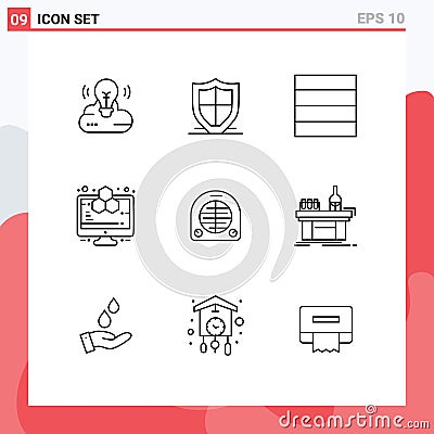 Modern Set of 9 Outlines and symbols such as heating, fan, shield, study, computer Vector Illustration