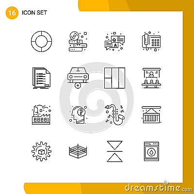 16 User Interface Outline Pack of modern Signs and Symbols of listing, filing, qa, check, phone Vector Illustration