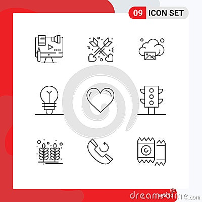 9 Universal Outlines Set for Web and Mobile Applications love, wreath, cloud, idea, achievement Vector Illustration