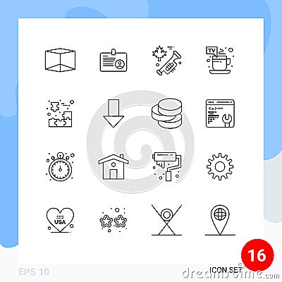 Group of 16 Outlines Signs and Symbols for piece, customer, laud, cube, tv break Vector Illustration