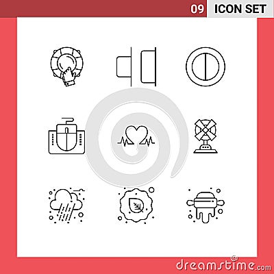 9 Outline concept for Websites Mobile and Apps wedding, love, colors, heartbeat, mouse interface Vector Illustration