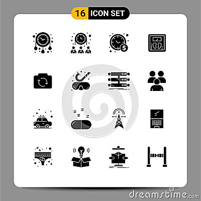 Editable Vector Line Pack of 16 Simple Solid Glyphs of basic, camera, management, machine, scale Vector Illustration