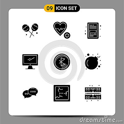 Editable Vector Line Pack of 9 Simple Solid Glyphs of bluetooth, imac, ebook, device, computer Vector Illustration