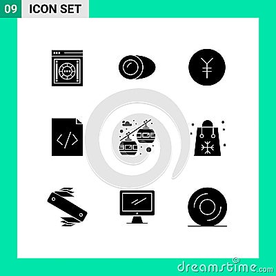 Set of 9 Commercial Solid Glyphs pack for chair lift, cable car, gastronomy, html, code Vector Illustration