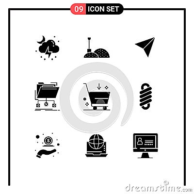 Editable Vector Line Pack of 9 Simple Solid Glyphs of commerce, buy, sets, network, files Vector Illustration