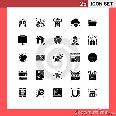 Group of 25 Solid Glyphs Signs and Symbols for data, folder, robot, security, cloud Vector Illustration