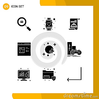 Editable Vector Line Pack of 9 Simple Solid Glyphs of develop, code, smart watch, c, hat Vector Illustration