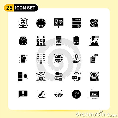 Group of 25 Solid Glyphs Signs and Symbols for education, server, coding, search, programming Vector Illustration