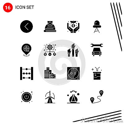 16 Thematic Vector Solid Glyphs and Editable Symbols of films, cinema, crowd, light, diode Vector Illustration
