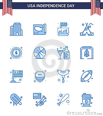 Big Pack of 16 USA Happy Independence Day USA Vector Blues and Editable Symbols of money; american; cake; camp; tent free Vector Illustration