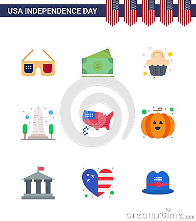 Editable Vector Line Pack of USA Day 9 Simple Flats of american; usa; cake; sight; landmark Vector Illustration